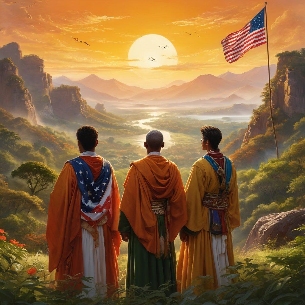 A majestic landscape featuring historical monuments that represent various cultures and eras from a nation, entwined with symbols of patriotism like flags and eagles. Incorporate a diverse group of people in traditional attire, proudly standing together, looking toward the horizon. The sun rises in the background, symbolizing hope and unity. Emphasize warm colors to evoke a sense of belonging and pride. super-realistic. vibrant colors. nature-inspired.