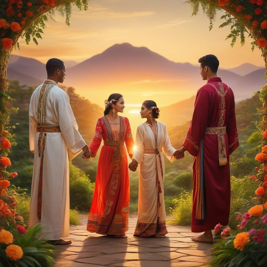 A warm, inviting scene depicting a diverse group of people standing together in celebration, surrounded by ancestral symbols and vibrant cultural artifacts. They hold hands, showing unity and strength, while a picturesque sunset symbolizes hope and courage in the background. Elements of traditional clothing and nature intertwine, emphasizing the connection to heritage. soft focus. vibrant colors. natural light.
