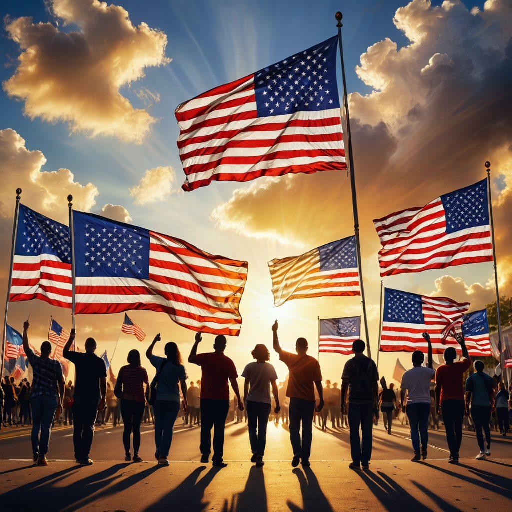 A majestic flag waving proudly in the foreground, symbolizing national pride and unity. In the background, diverse citizens engaging in civic activities like voting, community service, and peaceful protests, portraying their sense of duty. Sunlight breaking through clouds, casting a warm glow, evoking a feeling of hope and freedom. The scene should reflect a vibrant multicultural atmosphere with elements of patriotism. ultra-realistic. vibrant colors. dynamic composition.